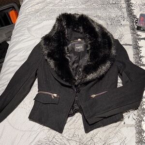 bebe Black Jacket with Faux Fur Collar